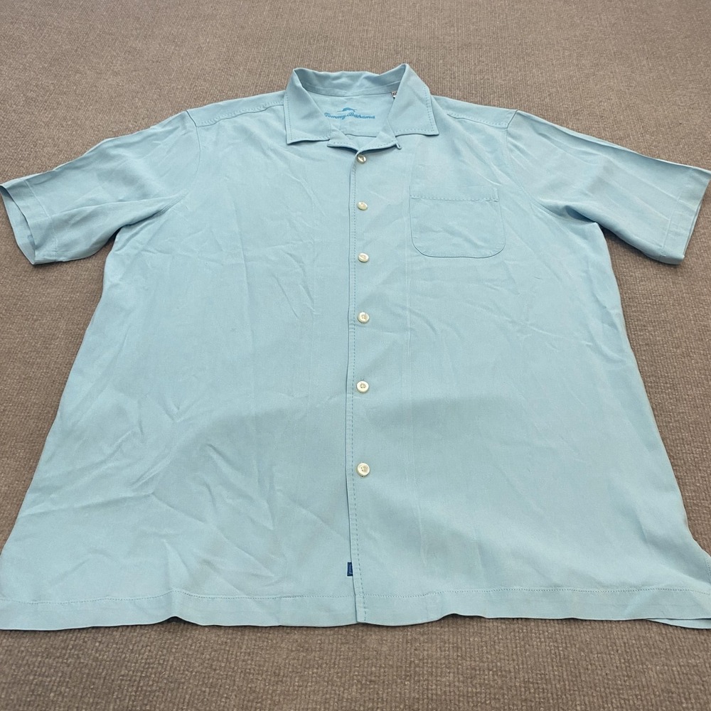 Tommy Bahama Shirt Mens XLT Blue 100% Silk Short Sleeve Loop Collar Relaxed